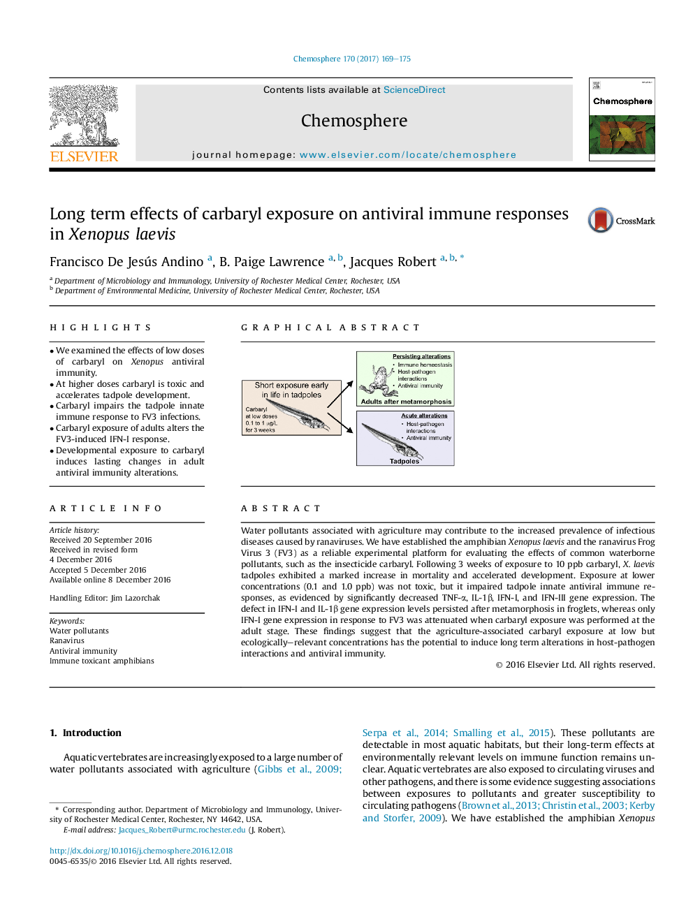 Long term effects of carbaryl exposure on antiviral immune responses in Xenopus laevis