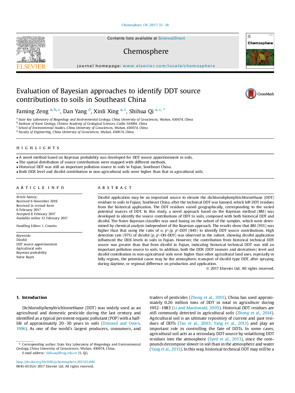 Evaluation of Bayesian approaches to identify DDT source contributions to soils in Southeast China