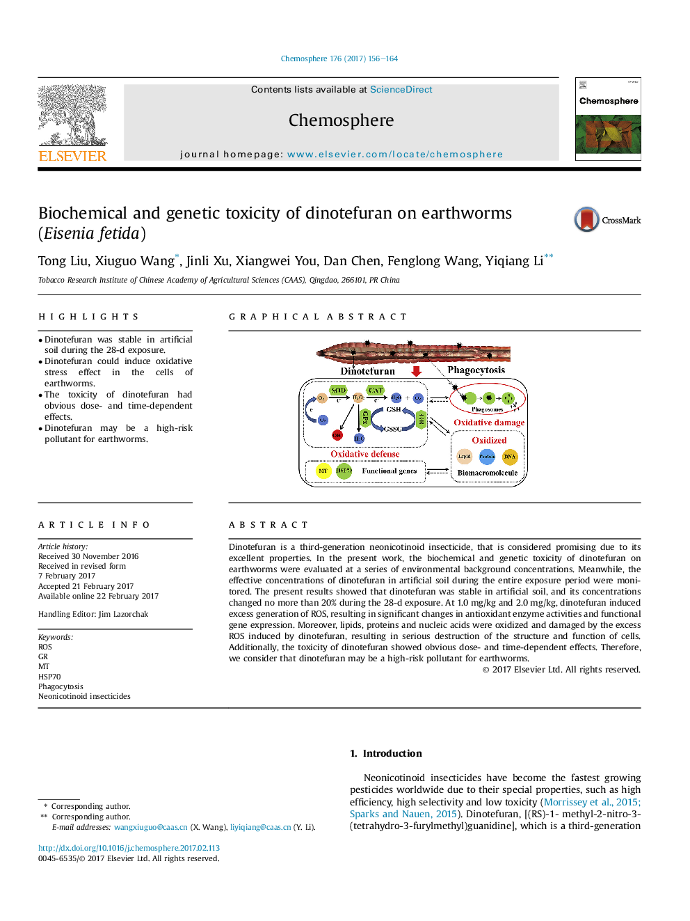 Biochemical and genetic toxicity of dinotefuran on earthworms (Eisenia fetida)