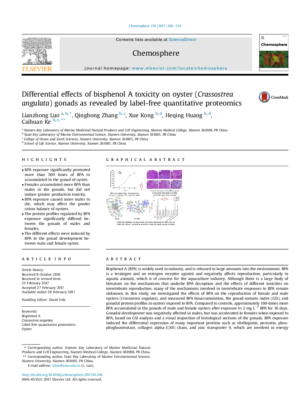 Differential effects of bisphenol A toxicity on oyster (Crassostrea angulata) gonads as revealed by label-free quantitative proteomics