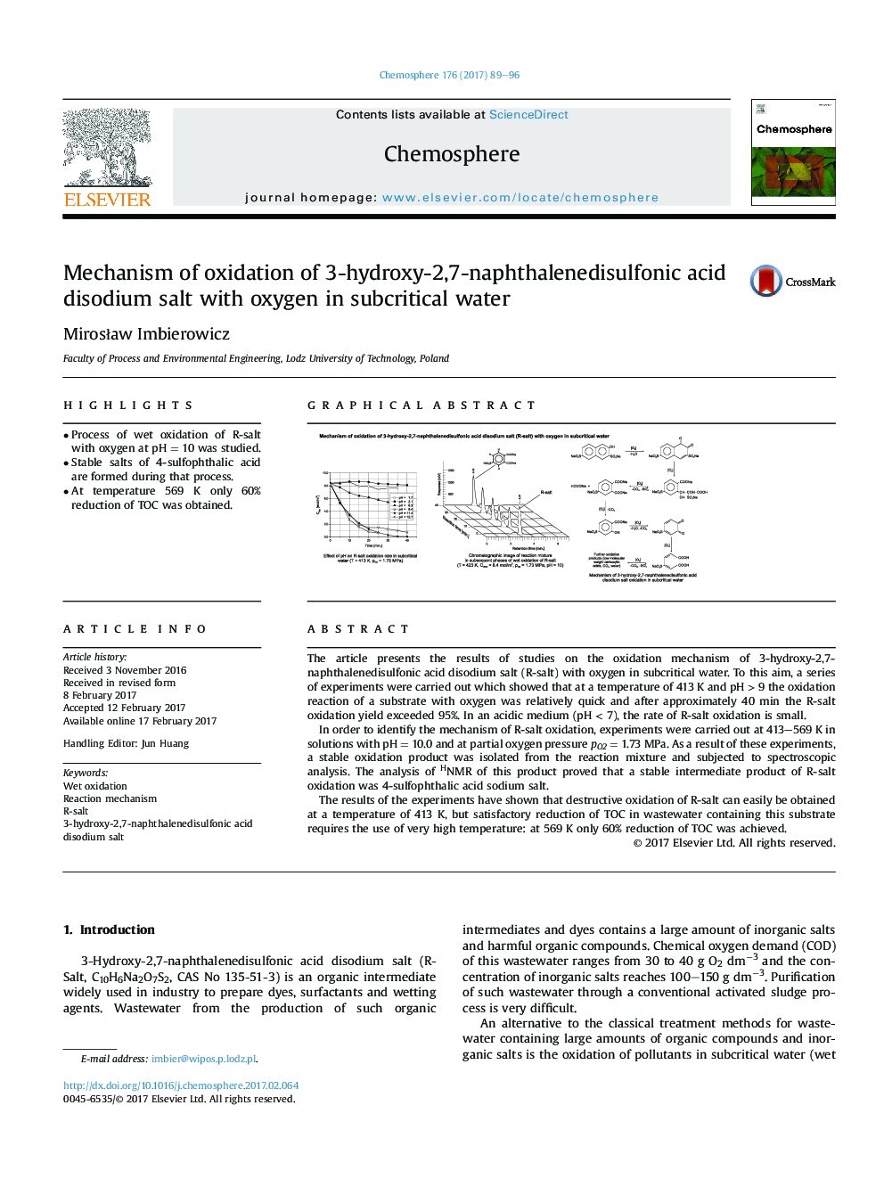 Mechanism of oxidation of 3-hydroxy-2,7-naphthalenedisulfonic acid disodium salt with oxygen in subcritical water