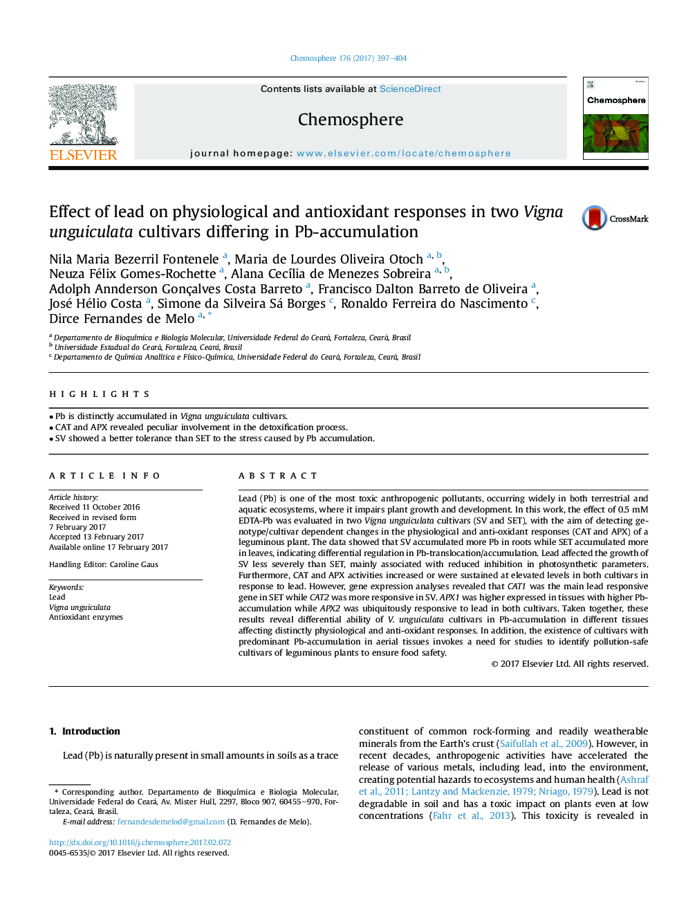 Effect of lead on physiological and antioxidant responses in two Vigna unguiculata cultivars differing in Pb-accumulation