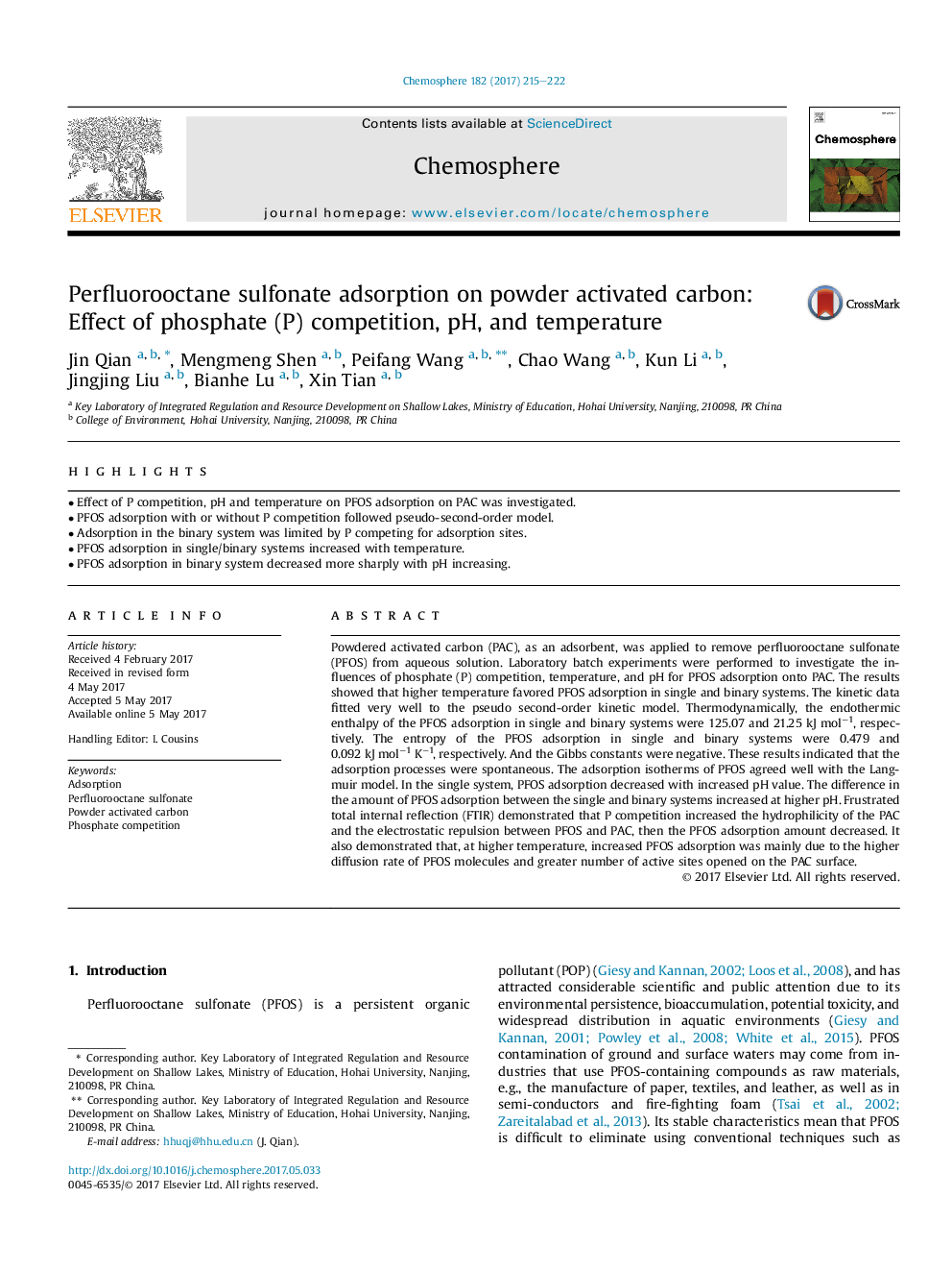 Perfluorooctane sulfonate adsorption on powder activated carbon: Effect of phosphate (P) competition, pH, and temperature