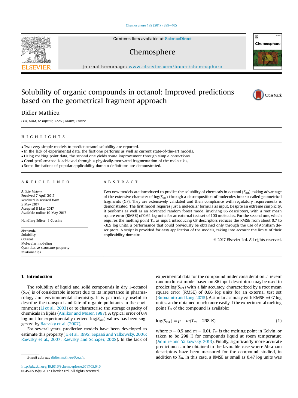 Solubility of organic compounds in octanol: Improved predictions based on the geometrical fragment approach