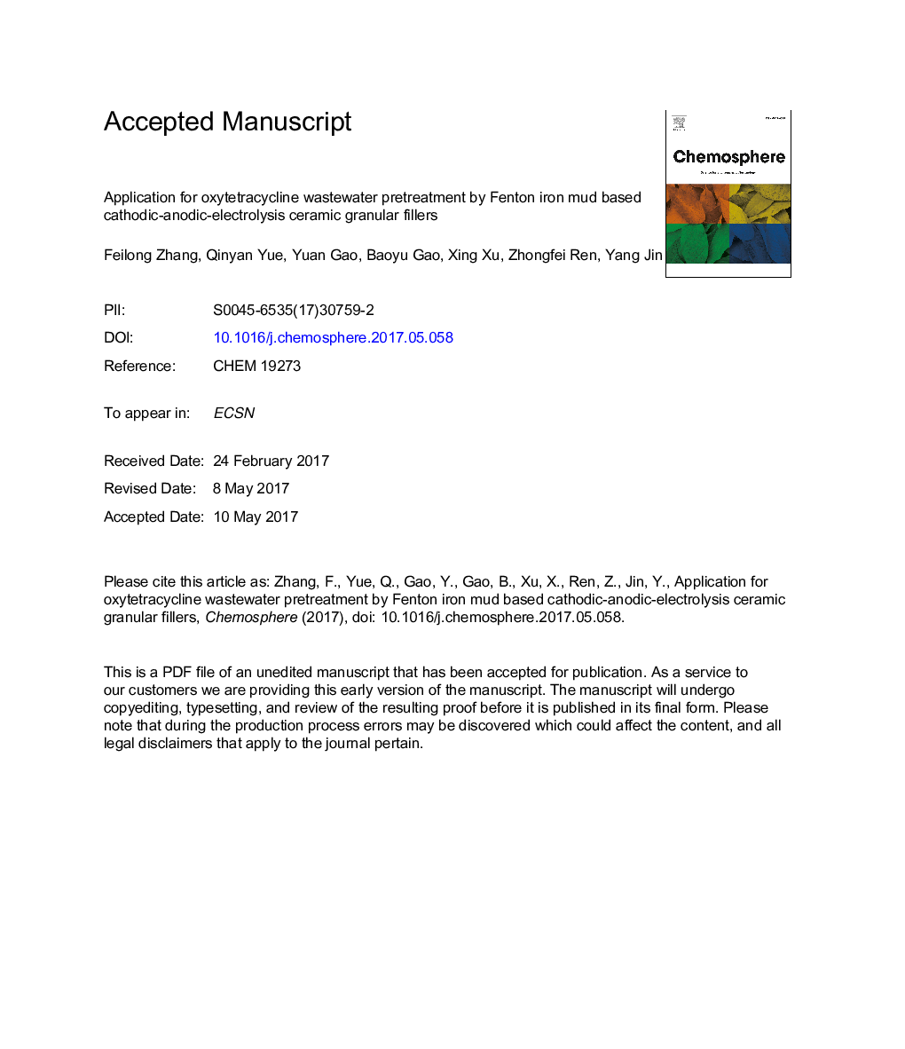 کاربرد برای پیشگیری از فاضلاب اکسای تتراسایکلین توسط پرکننده های گرانول سرامیکی کاتدی- آنودای الکترولیز توسط گودال فنتون 