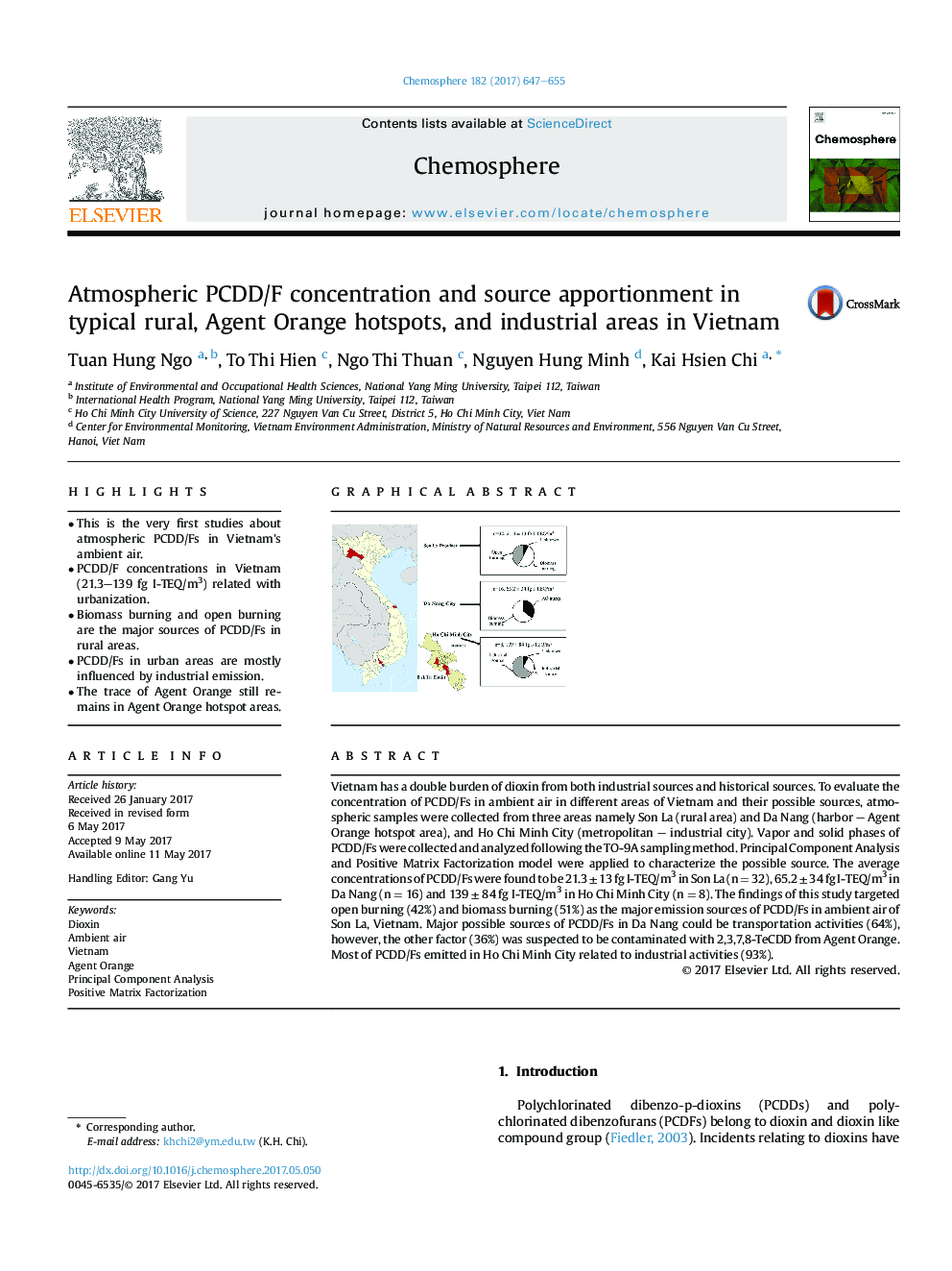 Atmospheric PCDD/F concentration and source apportionment in typical rural, Agent Orange hotspots, and industrial areas in Vietnam