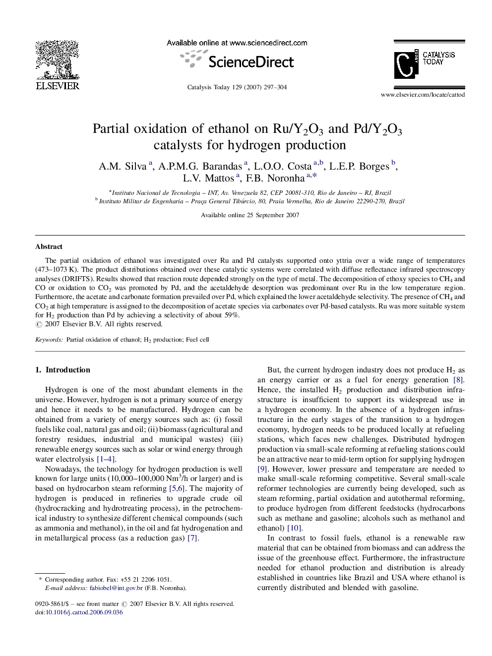 Partial oxidation of ethanol on Ru/Y2O3 and Pd/Y2O3 catalysts for hydrogen production