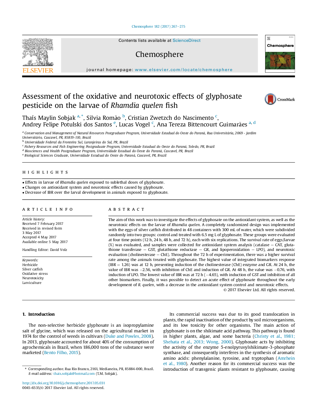 Assessment of the oxidative and neurotoxic effects of glyphosate pesticide on the larvae of Rhamdia quelen fish