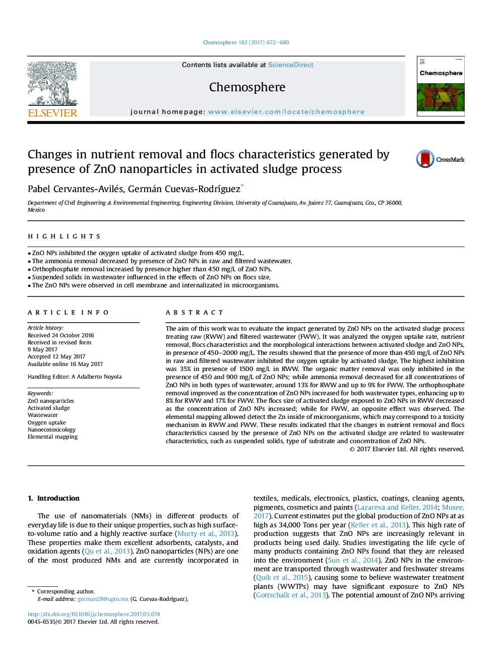 Changes in nutrient removal and flocs characteristics generated by presence of ZnO nanoparticles in activated sludge process