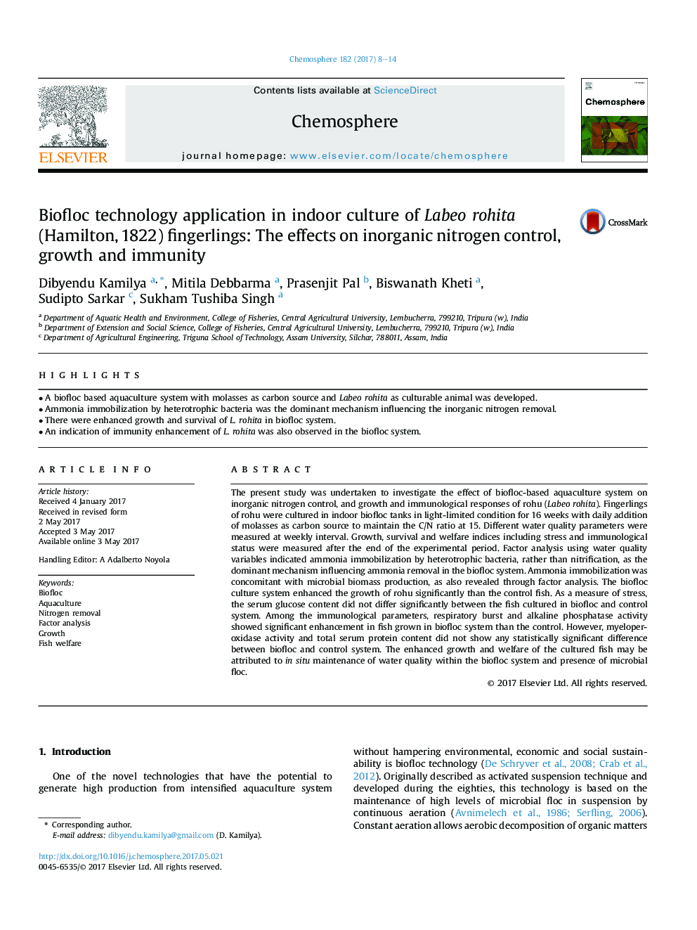 Biofloc technology application in indoor culture of Labeo rohita (Hamilton, 1822) fingerlings: The effects on inorganic nitrogen control, growth and immunity