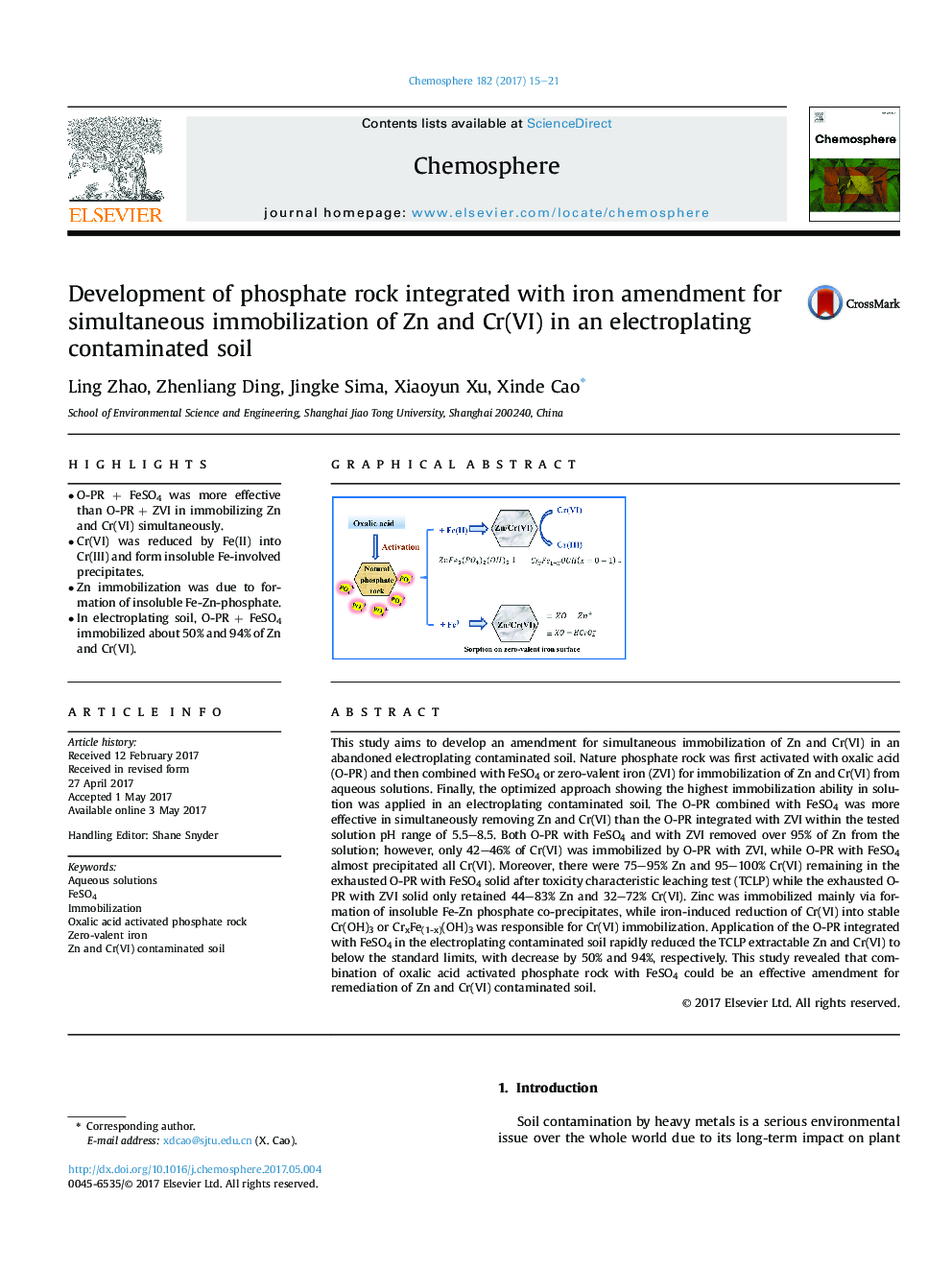 Development of phosphate rock integrated with iron amendment for simultaneous immobilization of Zn and Cr(VI) in an electroplating contaminated soil