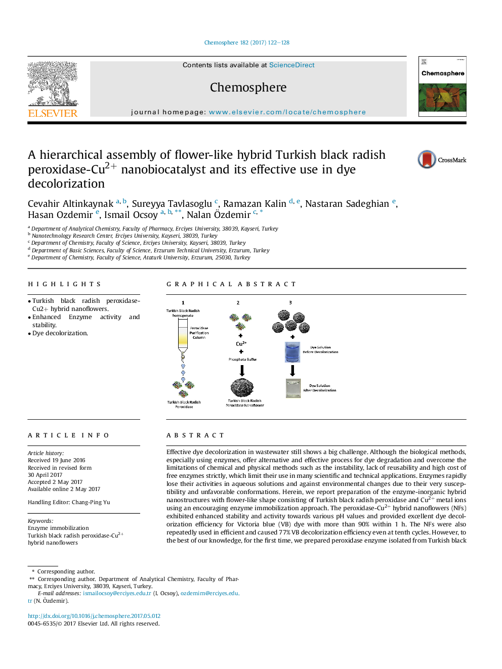 A hierarchical assembly of flower-like hybrid Turkish black radish peroxidase-Cu2+ nanobiocatalyst and its effective use in dye decolorization