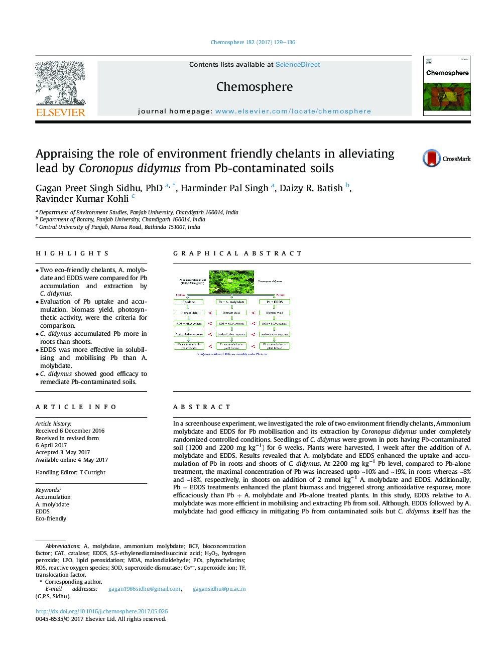 Appraising the role of environment friendly chelants in alleviating lead by Coronopus didymus from Pb-contaminated soils