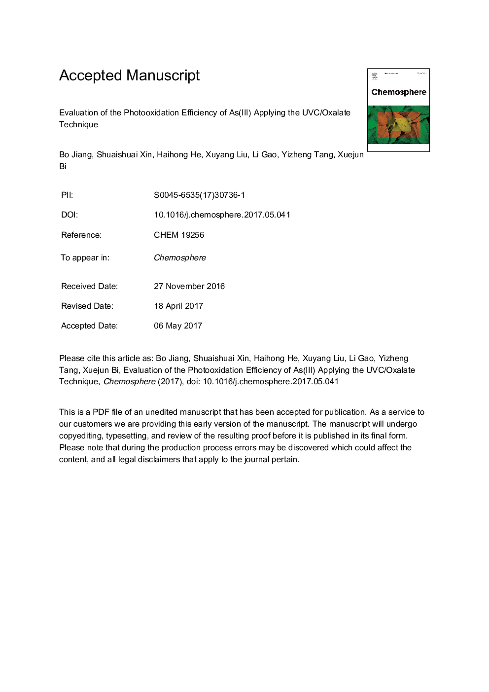 Evaluation of the photooxidation efficiency of As(III) applying the UVC/oxalate technique