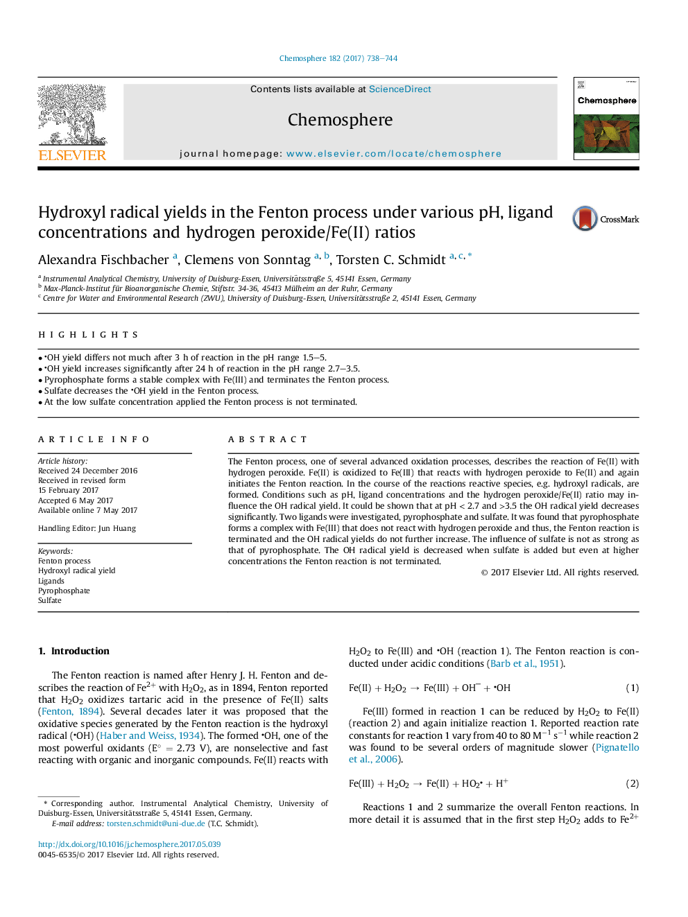 Hydroxyl radical yields in the Fenton process under various pH, ligand concentrations and hydrogen peroxide/Fe(II) ratios