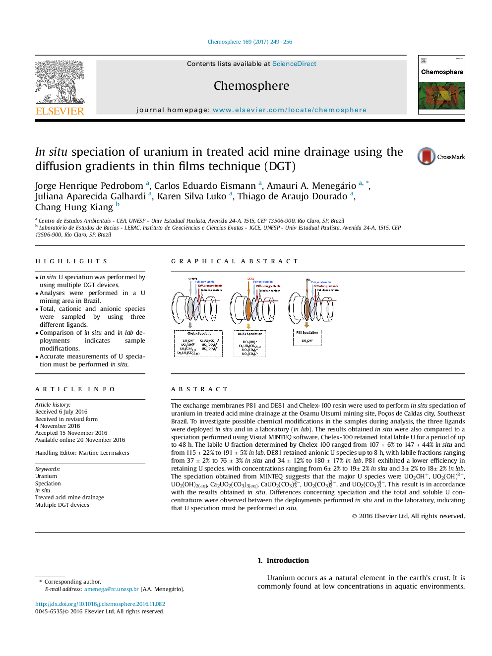 In situ speciation of uranium in treated acid mine drainage using the diffusion gradients in thin films technique (DGT)