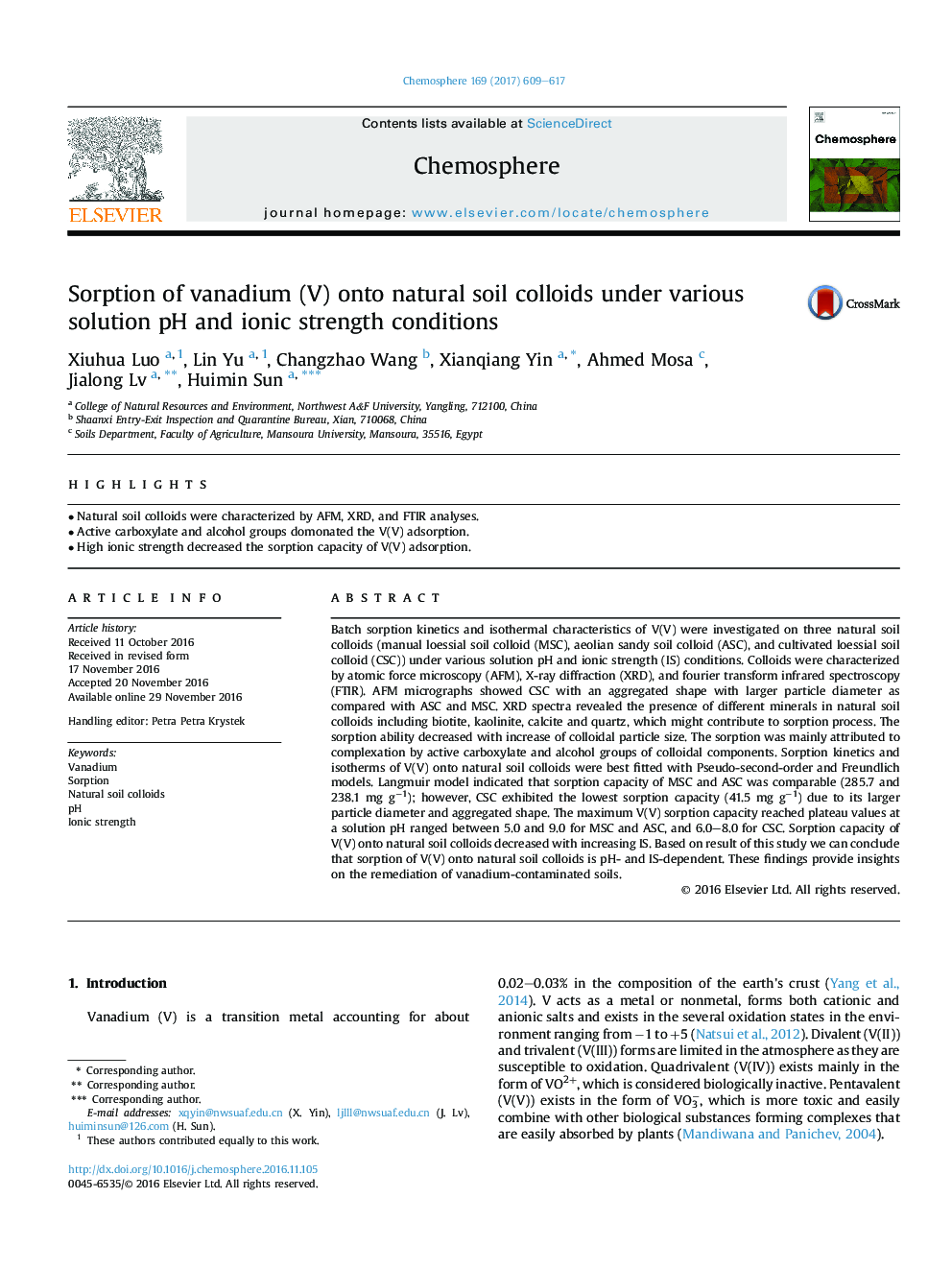 Sorption of vanadium (V) onto natural soil colloids under various solution pH and ionic strength conditions