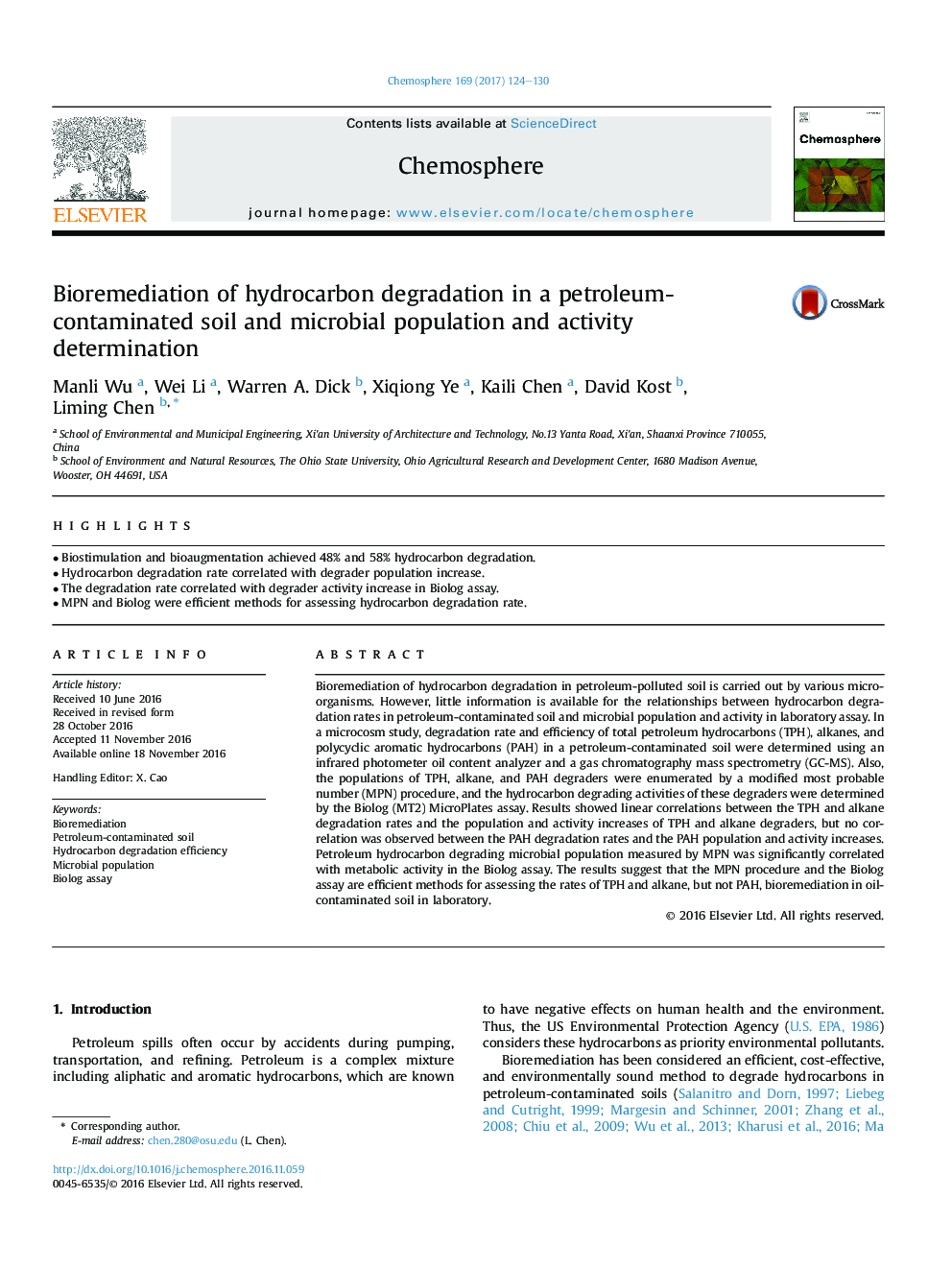 Bioremediation of hydrocarbon degradation in a petroleum-contaminated soil and microbial population and activity determination