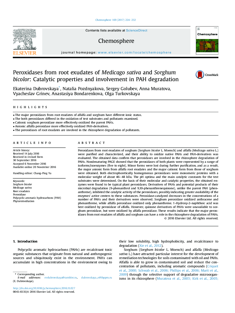 Peroxidases from root exudates of Medicago sativa and Sorghum bicolor: Catalytic properties and involvement in PAH degradation