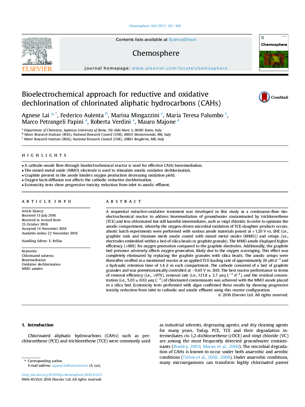 Bioelectrochemical approach for reductive and oxidative dechlorination of chlorinated aliphatic hydrocarbons (CAHs)