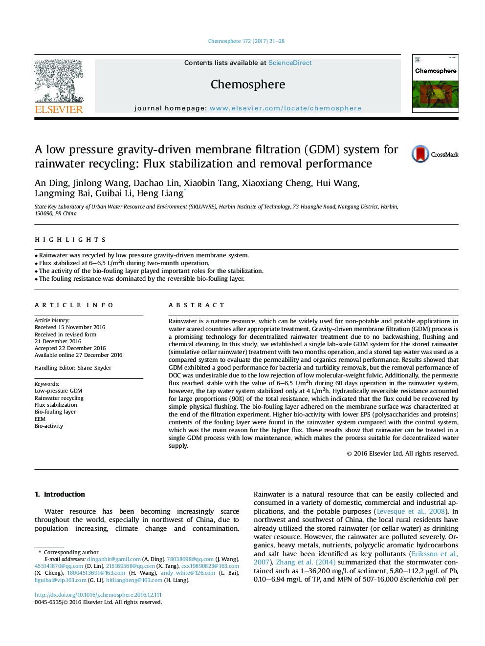 A low pressure gravity-driven membrane filtration (GDM) system for rainwater recycling: Flux stabilization and removal performance