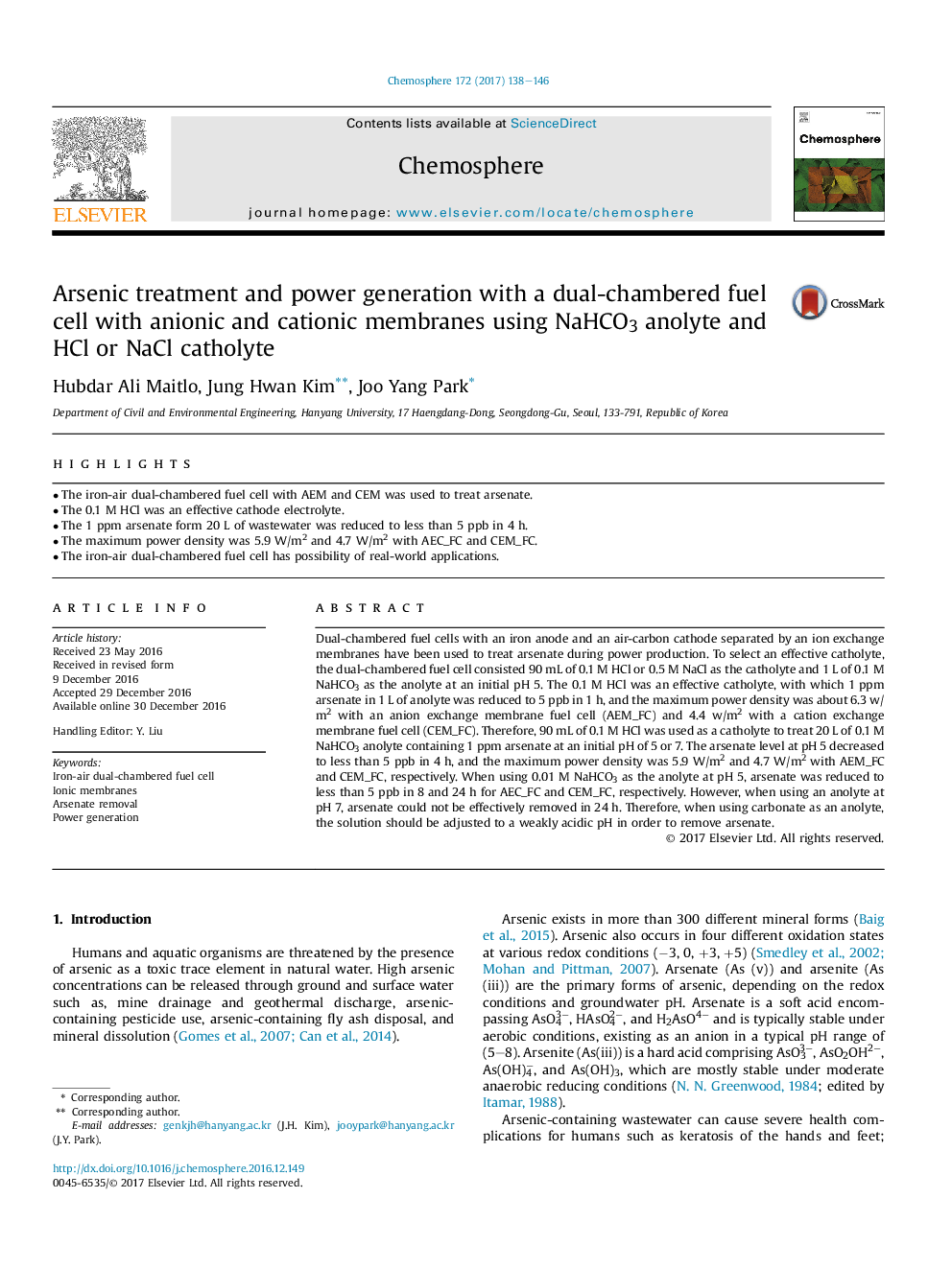 Arsenic treatment and power generation with a dual-chambered fuel cell with anionic and cationic membranes using NaHCO3 anolyte and HCl or NaCl catholyte