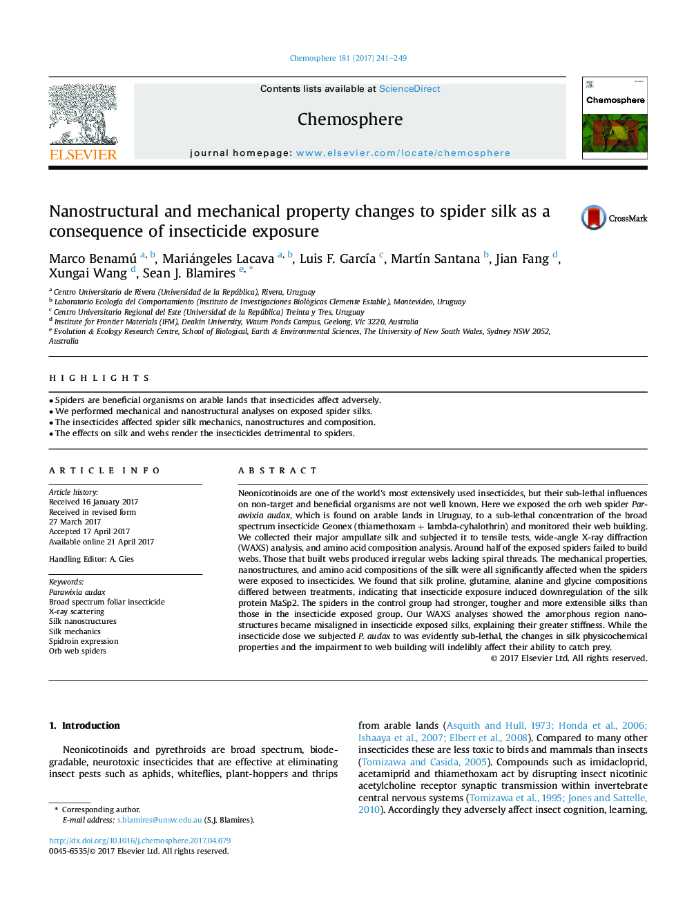 Nanostructural and mechanical property changes to spider silk as a consequence of insecticide exposure