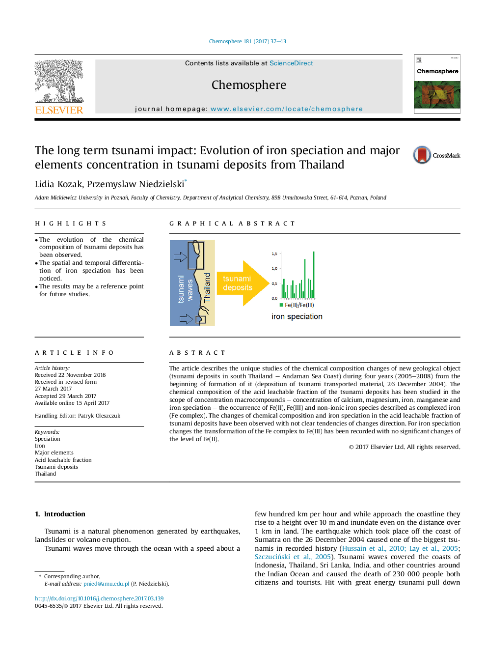 The long term tsunami impact: Evolution of iron speciation and major elements concentration in tsunami deposits from Thailand