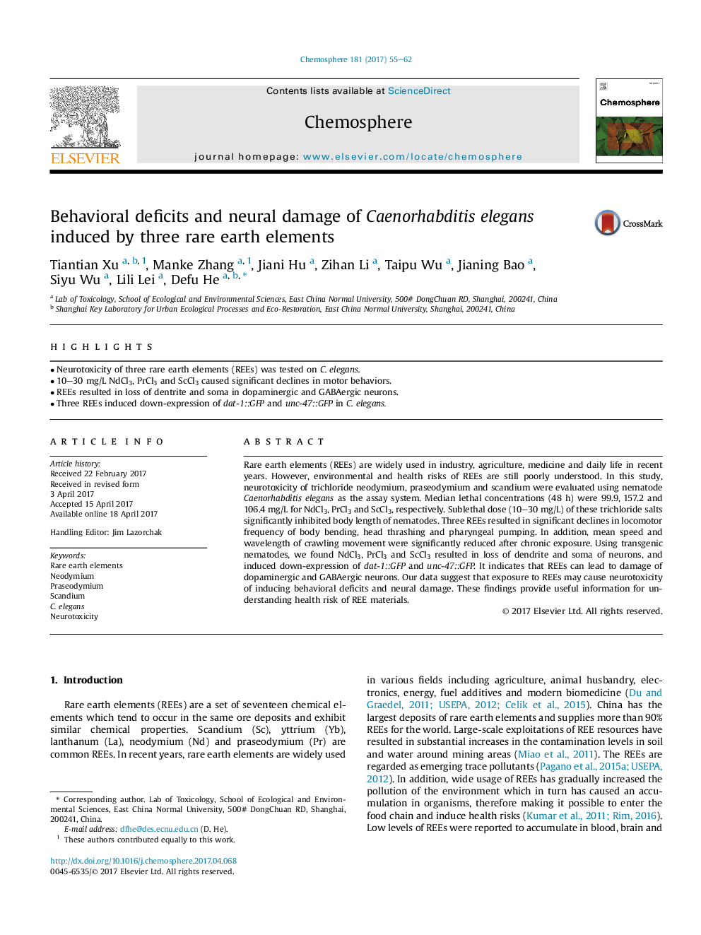 Behavioral deficits and neural damage of Caenorhabditis elegans induced by three rare earth elements