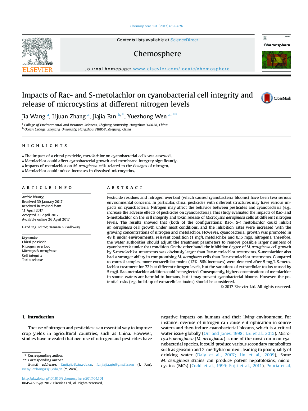 Impacts of Rac- and S-metolachlor on cyanobacterial cell integrity and release of microcystins at different nitrogen levels