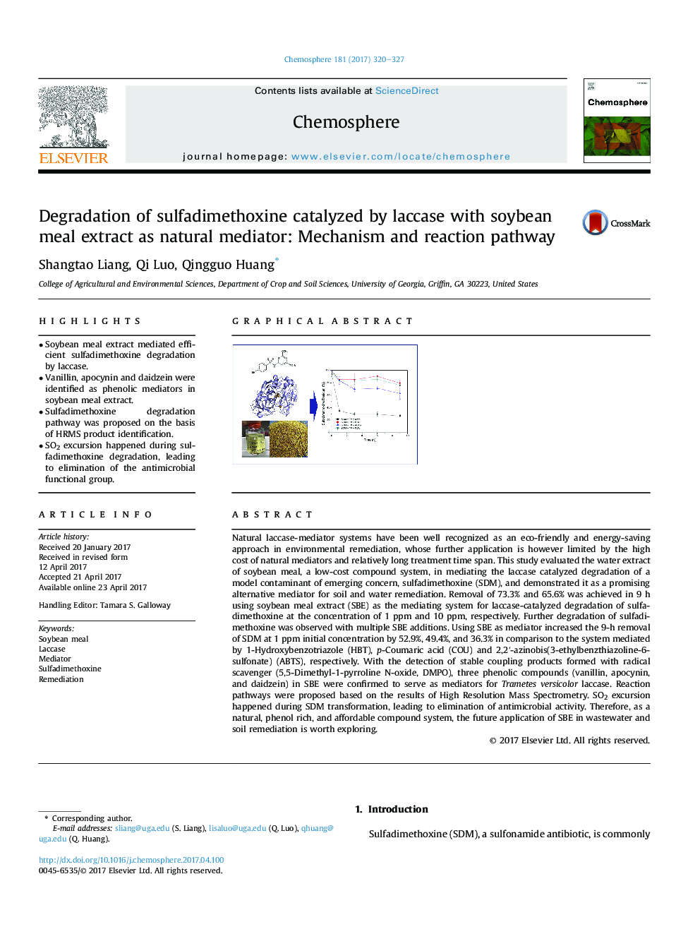 Degradation of sulfadimethoxine catalyzed by laccase with soybean meal extract as natural mediator: Mechanism and reaction pathway