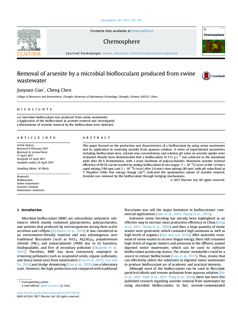 Removal of arsenite by a microbial bioflocculant produced from swine wastewater