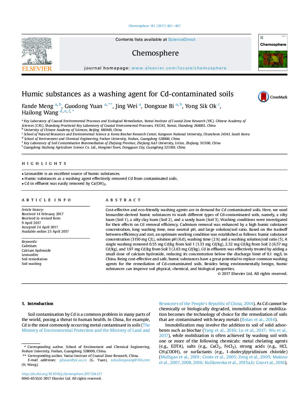 Humic substances as a washing agent for Cd-contaminated soils