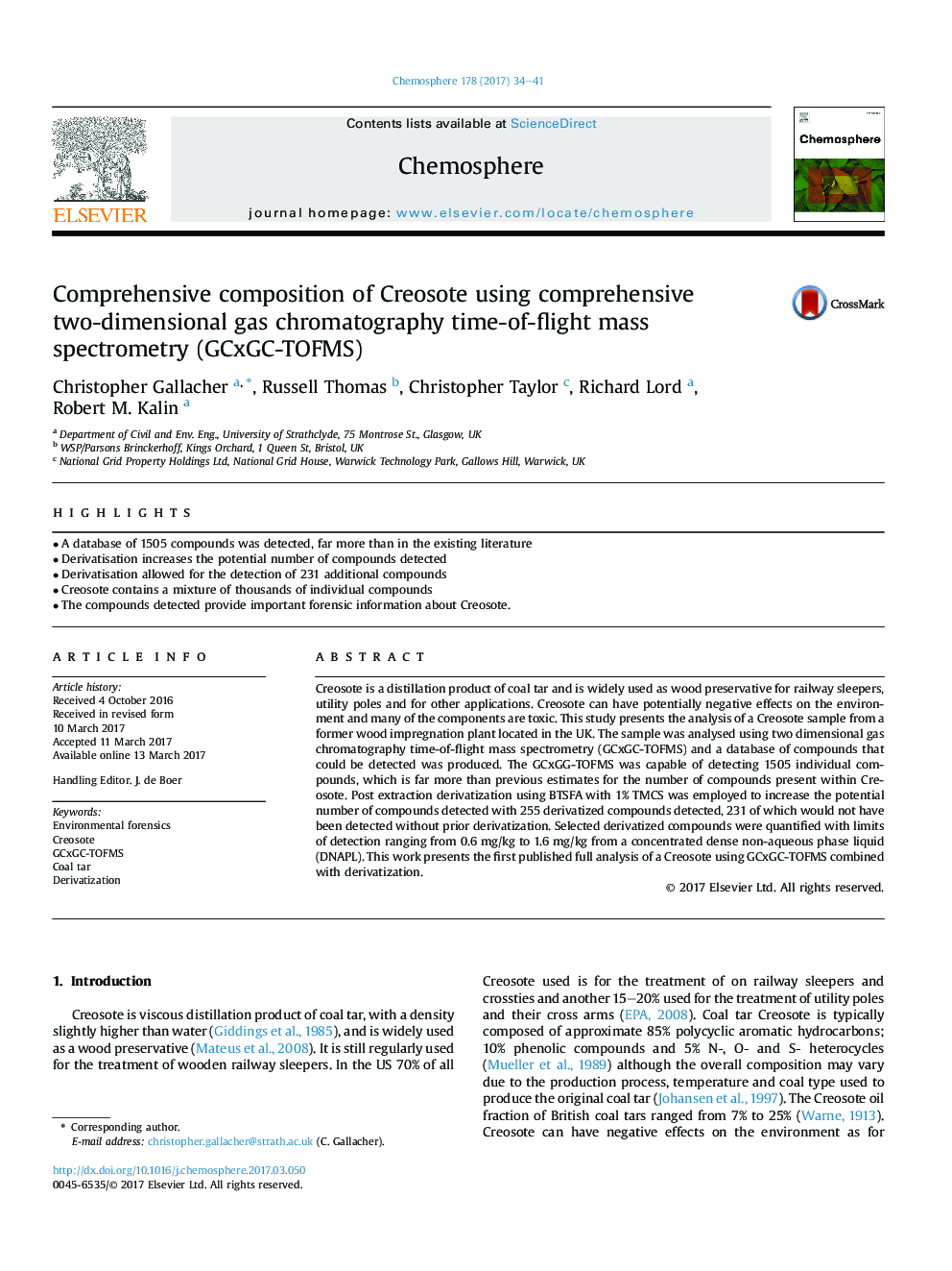 Comprehensive composition of Creosote using comprehensive two-dimensional gas chromatography time-of-flight mass spectrometry (GCxGC-TOFMS)