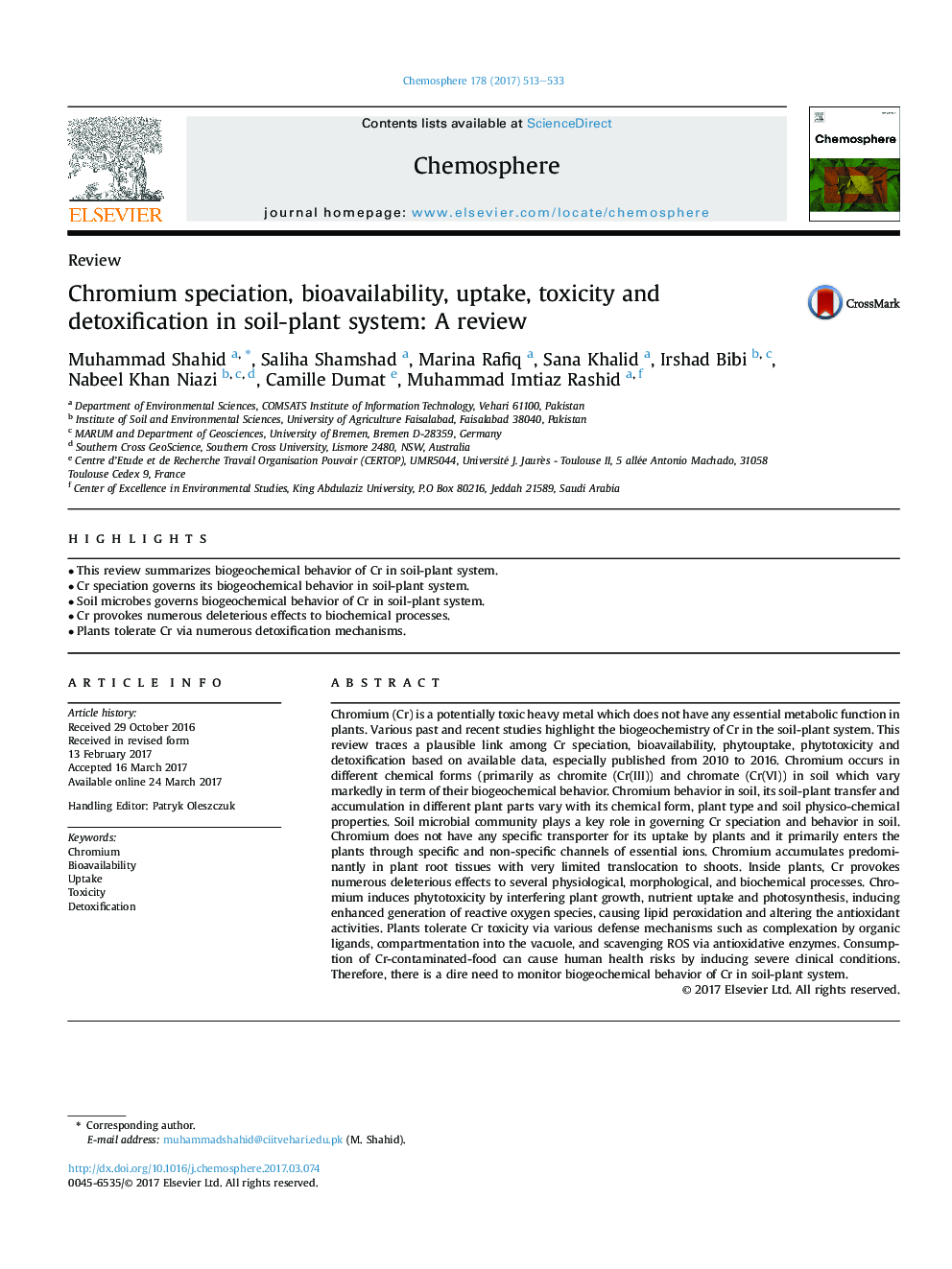 ReviewChromium speciation, bioavailability, uptake, toxicity and detoxification in soil-plant system: A review