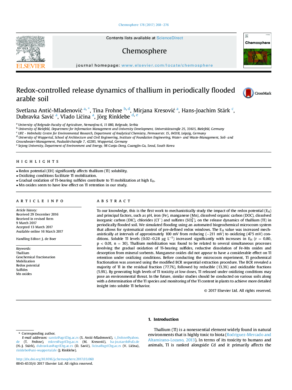 Redox-controlled release dynamics of thallium in periodically flooded arable soil