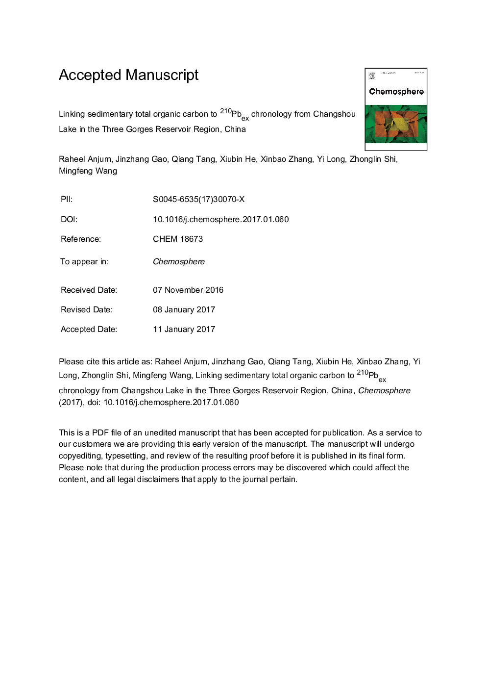 Linking sedimentary total organic carbon to 210Pbex chronology from Changshou Lake in the Three Gorges Reservoir Region, China