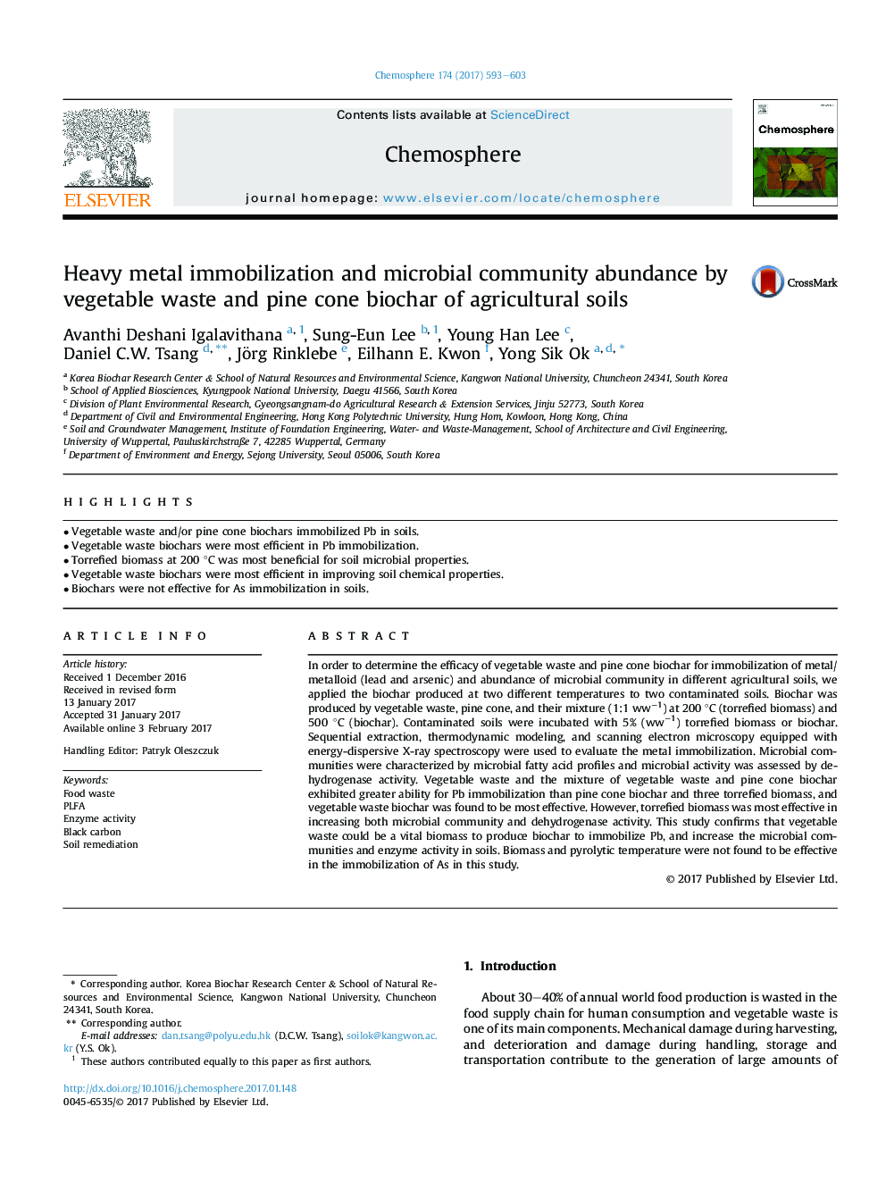 Heavy metal immobilization and microbial community abundance by vegetable waste and pine cone biochar of agricultural soils