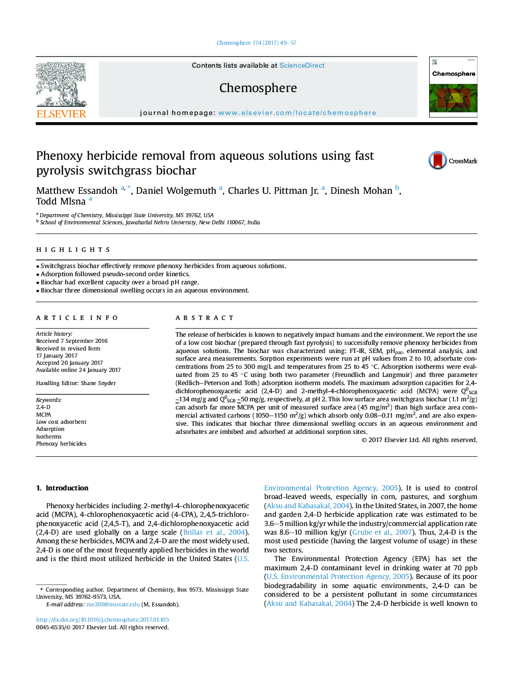 عکس صفحه اول مقاله: Phenoxy herbicide removal from aqueous solutions using fast pyrolysis switchgrass biochar Phenoxy herbicide removal from aqueous solutions using fast pyrolysis switchgrass biochar
