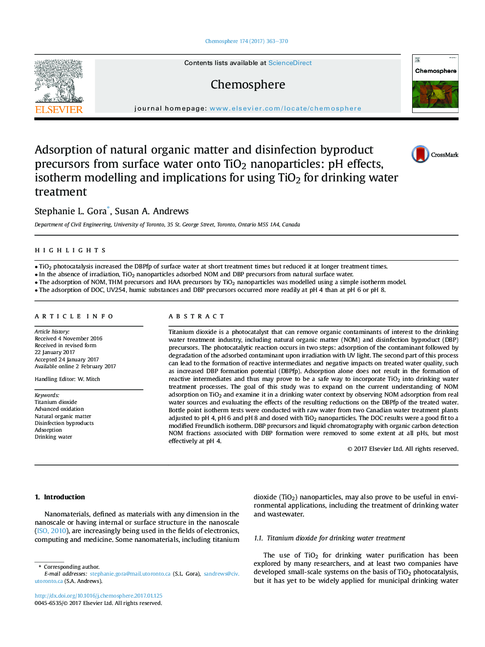 Adsorption of natural organic matter and disinfection byproduct precursors from surface water onto TiO2 nanoparticles: pH effects, isotherm modelling and implications for using TiO2 for drinking water treatment