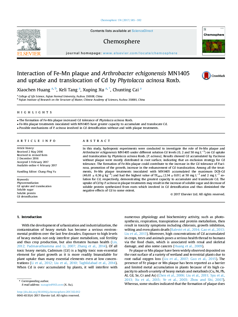 Interaction of Fe-Mn plaque and Arthrobacter echigonensis MN1405 and uptake and translocation of Cd by Phytolacca acinosa Roxb.