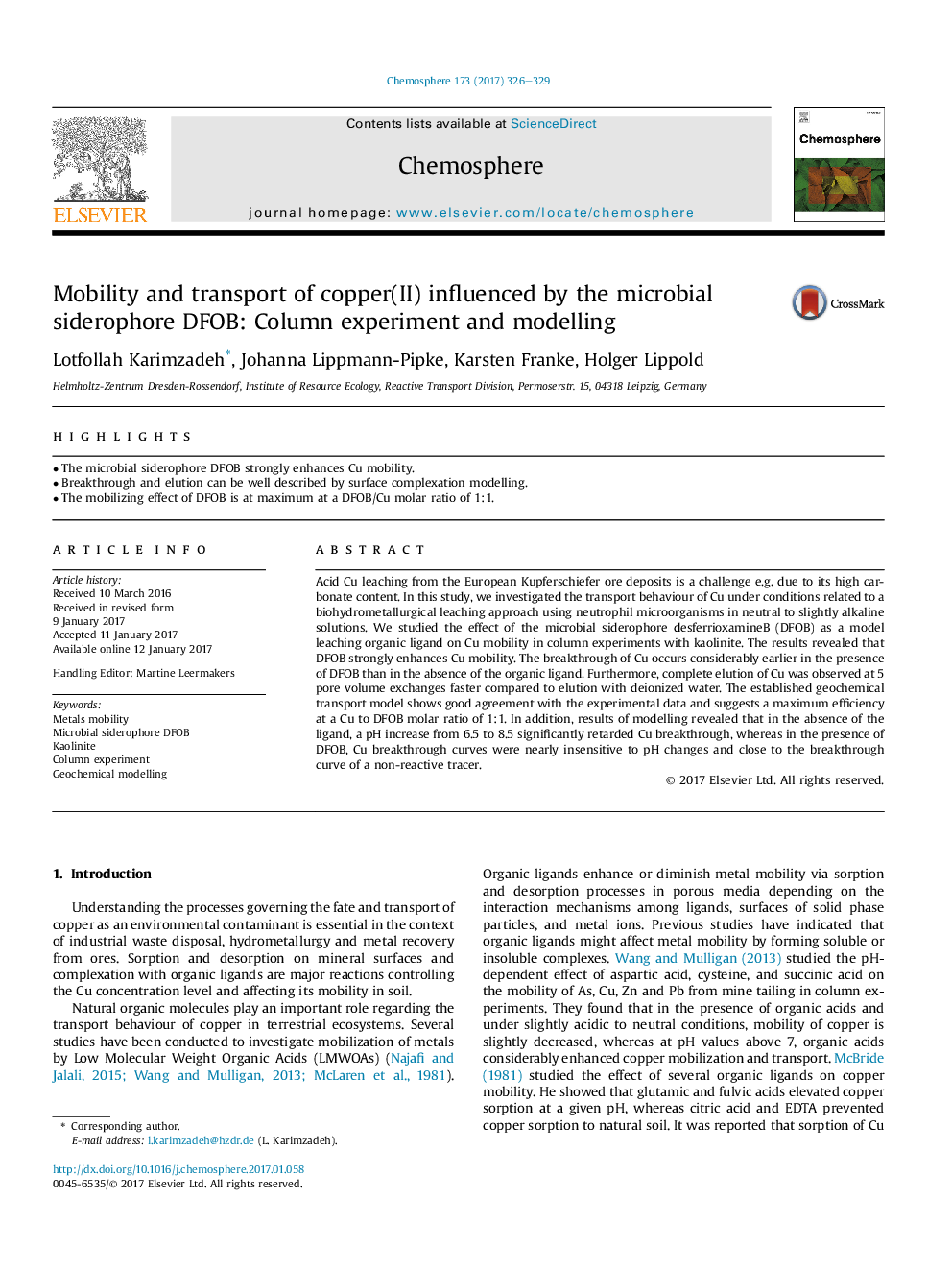 Mobility and transport of copper(II) influenced by the microbial siderophore DFOB: Column experiment and modelling