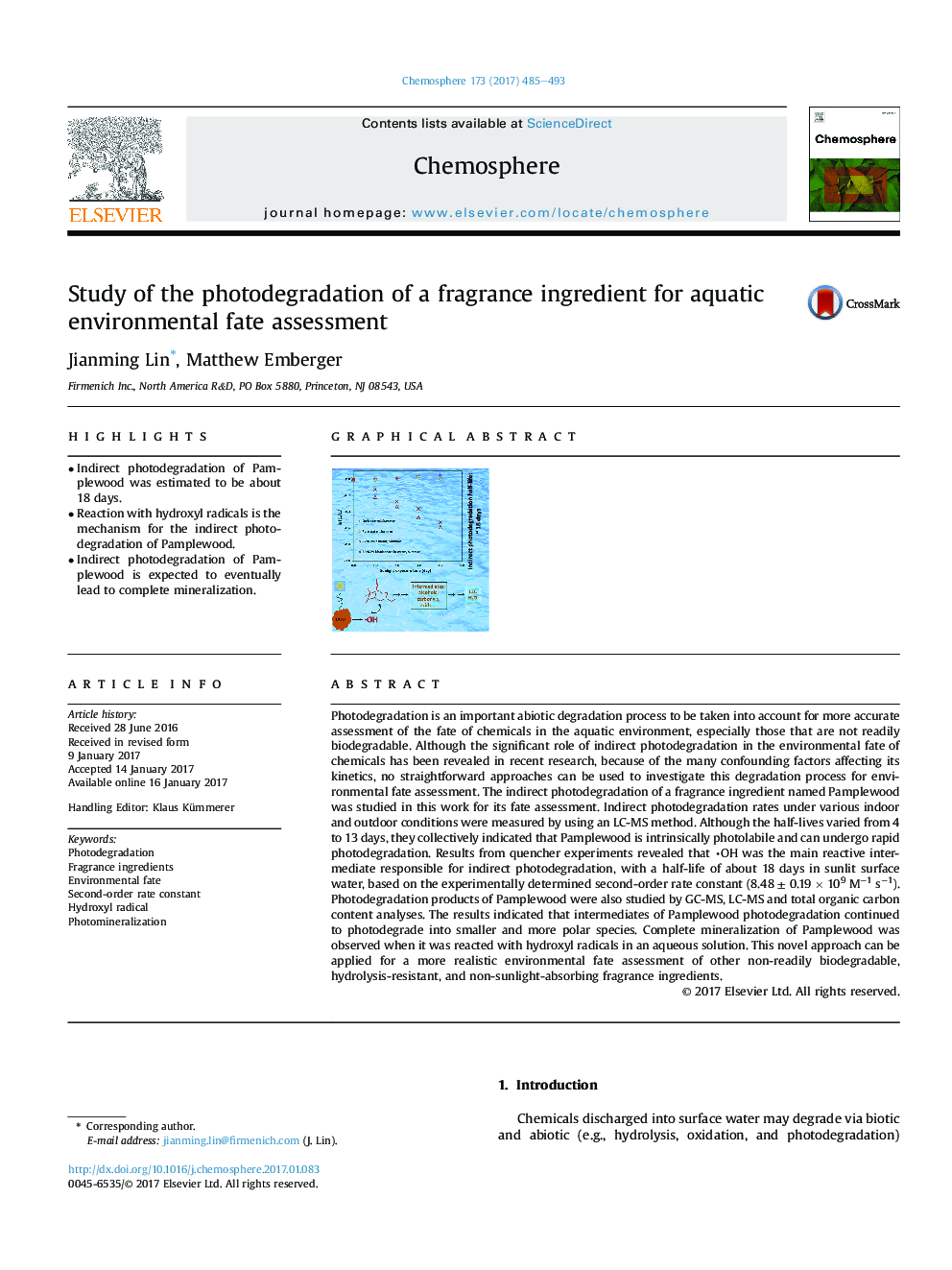 Study of the photodegradation of a fragrance ingredient for aquatic environmental fate assessment