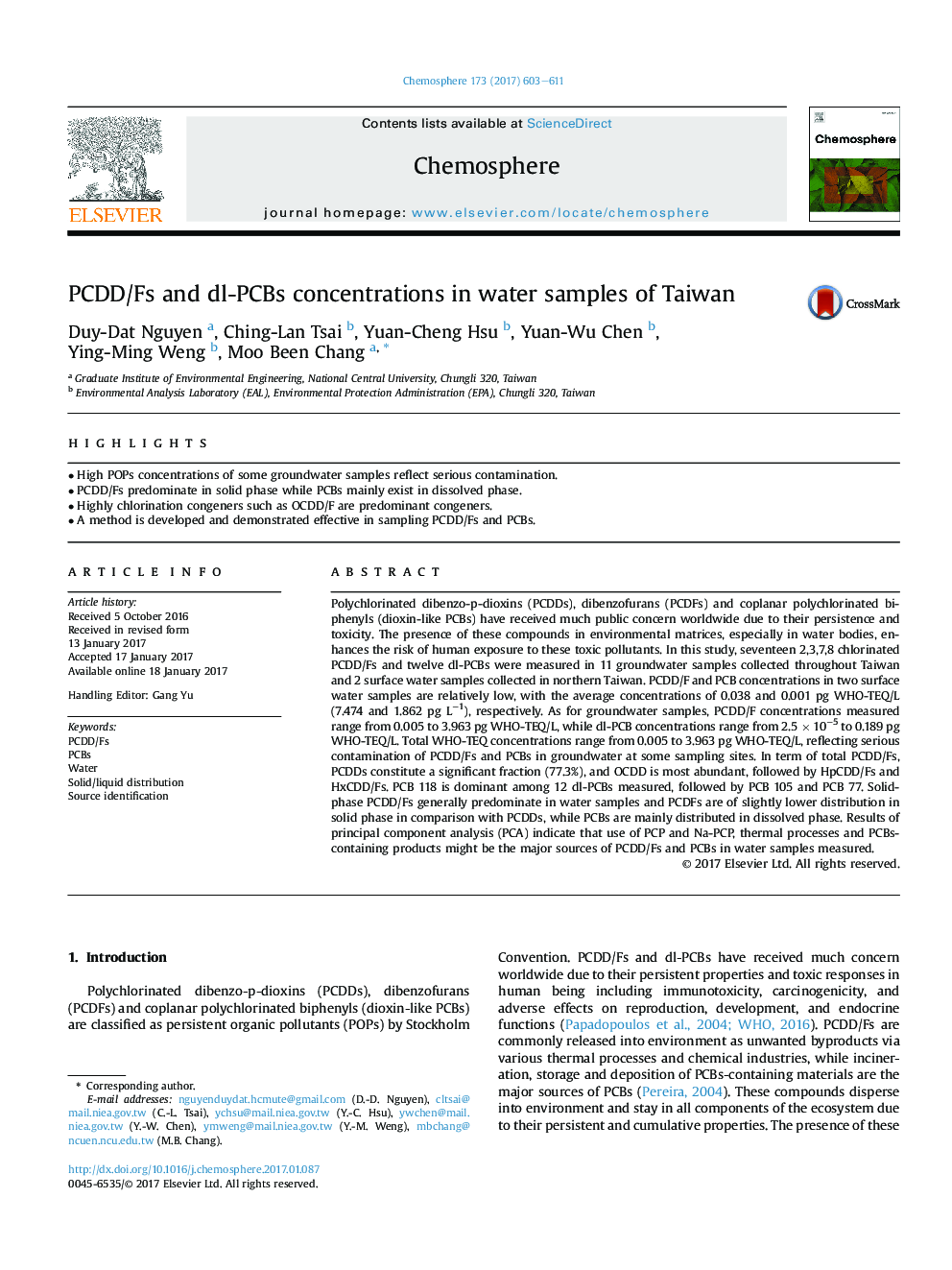 PCDD/Fs and dl-PCBs concentrations in water samples of Taiwan