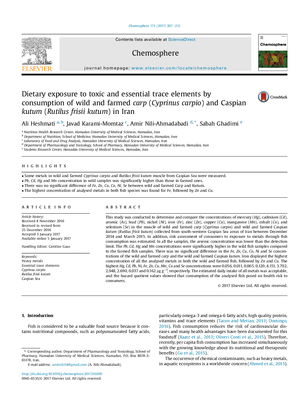 Dietary exposure to toxic and essential trace elements by consumption of wild and farmed carp (Cyprinus carpio) and Caspian kutum (Rutilus frisii kutum) in Iran