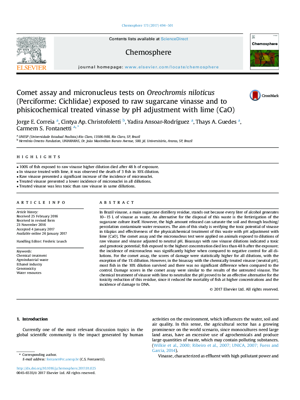 Comet assay and micronucleus tests on Oreochromis niloticus (Perciforme: Cichlidae) exposed to raw sugarcane vinasse and to phisicochemical treated vinasse by pH adjustment with lime (CaO)