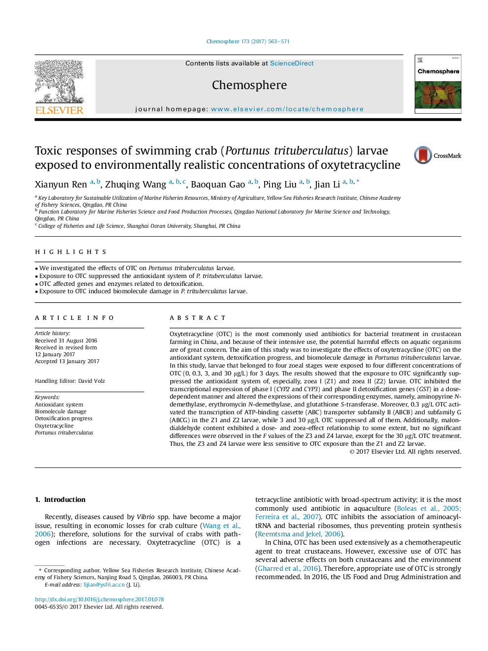 Toxic responses of swimming crab (Portunus trituberculatus) larvae exposed to environmentally realistic concentrations of oxytetracycline