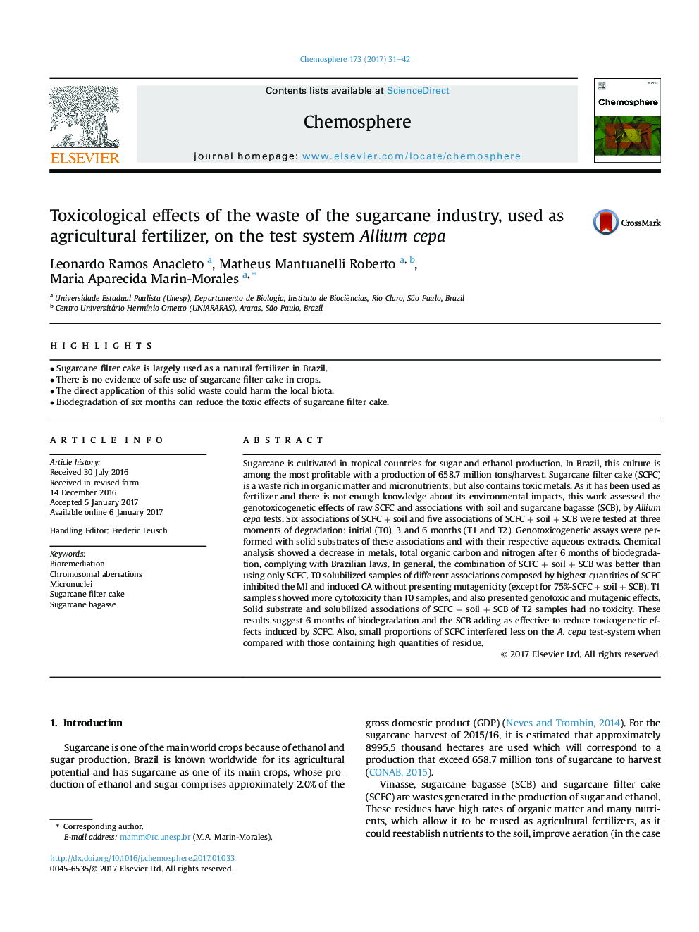 Toxicological effects of the waste of the sugarcane industry, used as agricultural fertilizer, on the test system Allium cepa