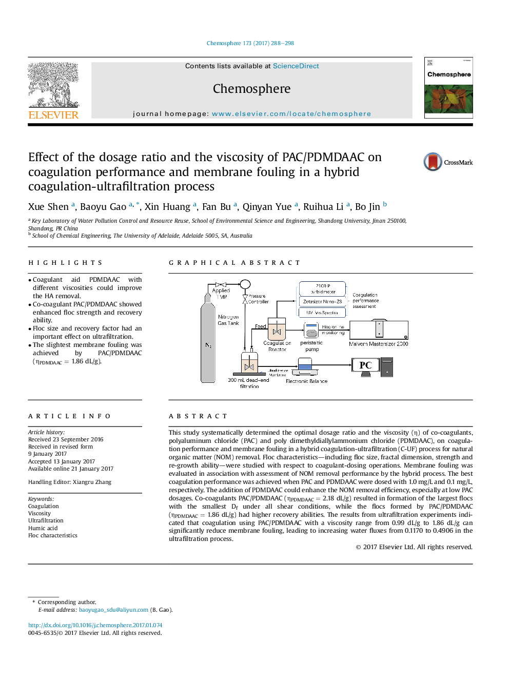 Effect of the dosage ratio and the viscosity of PAC/PDMDAAC on coagulation performance and membrane fouling in a hybrid coagulation-ultrafiltration process