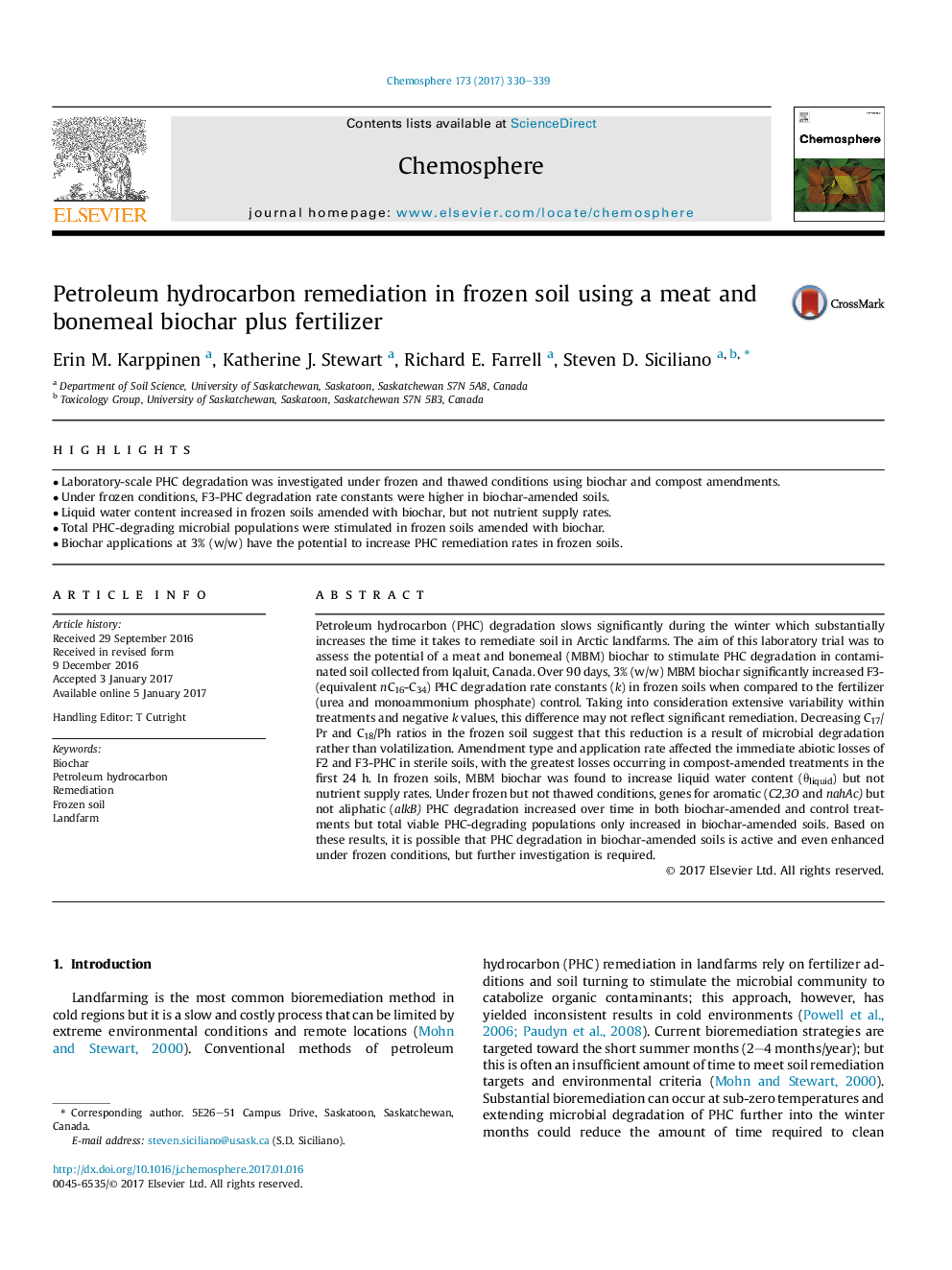 Petroleum hydrocarbon remediation in frozen soil using a meat and bonemeal biochar plus fertilizer